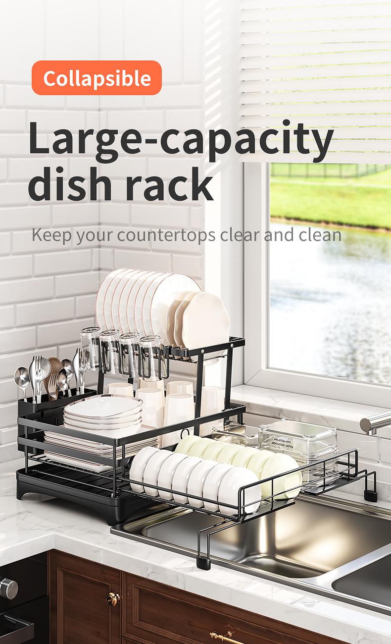 Foldable Above Sink Dish Drying Organizer|Retractable Double-Tier Dish Rack with Cutlery Storage|Compact Space-Saving Kitchen Rack for Mini Kitchens