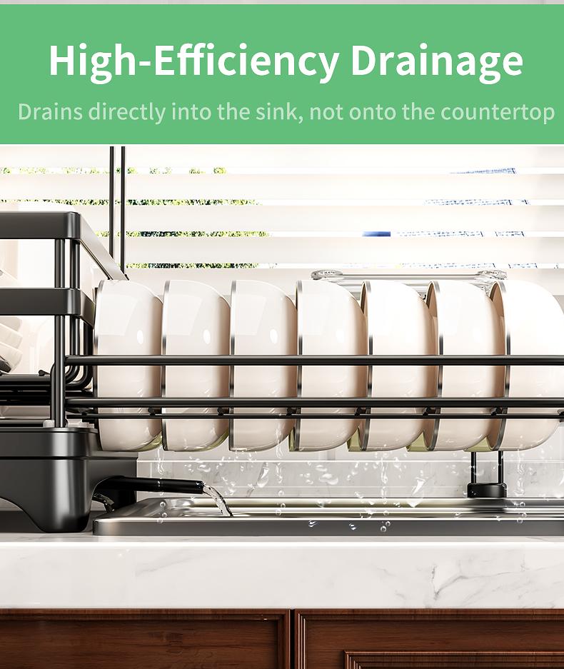 Foldable Above Sink Dish Drying Organizer｜Retractable Double-Tier Dish Rack with Cutlery Storage｜Compact Space-Saving Kitchen Rack for Mini Kitchens
