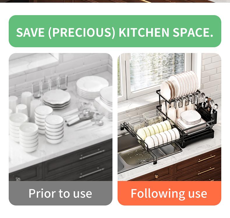 Foldable Above Sink Dish Drying Organizer｜Retractable Double-Tier Dish Rack with Cutlery Storage｜Compact Space-Saving Kitchen Rack for Mini Kitchens