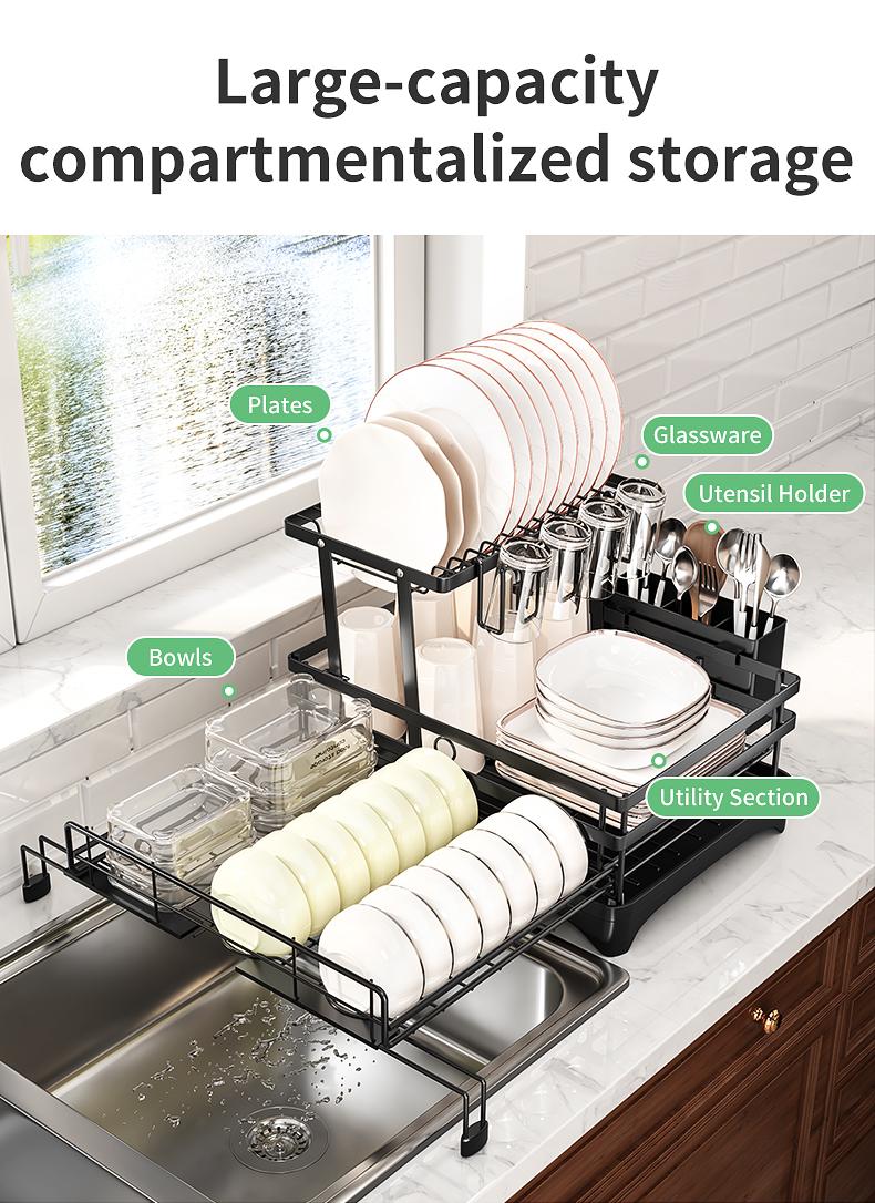 Foldable Above Sink Dish Drying Organizer｜Retractable Double-Tier Dish Rack with Cutlery Storage｜Compact Space-Saving Kitchen Rack for Mini Kitchens