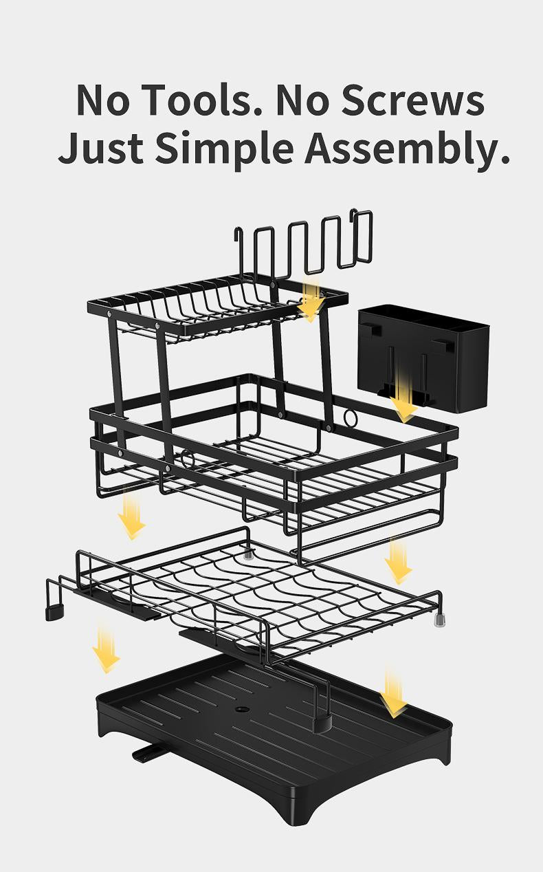 Foldable Above Sink Dish Drying Organizer｜Retractable Double-Tier Dish Rack with Cutlery Storage｜Compact Space-Saving Kitchen Rack for Mini Kitchens