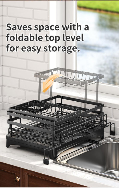 Foldable Above Sink Dish Drying Organizer｜Retractable Double-Tier Dish Rack with Cutlery Storage｜Compact Space-Saving Kitchen Rack for Mini Kitchens