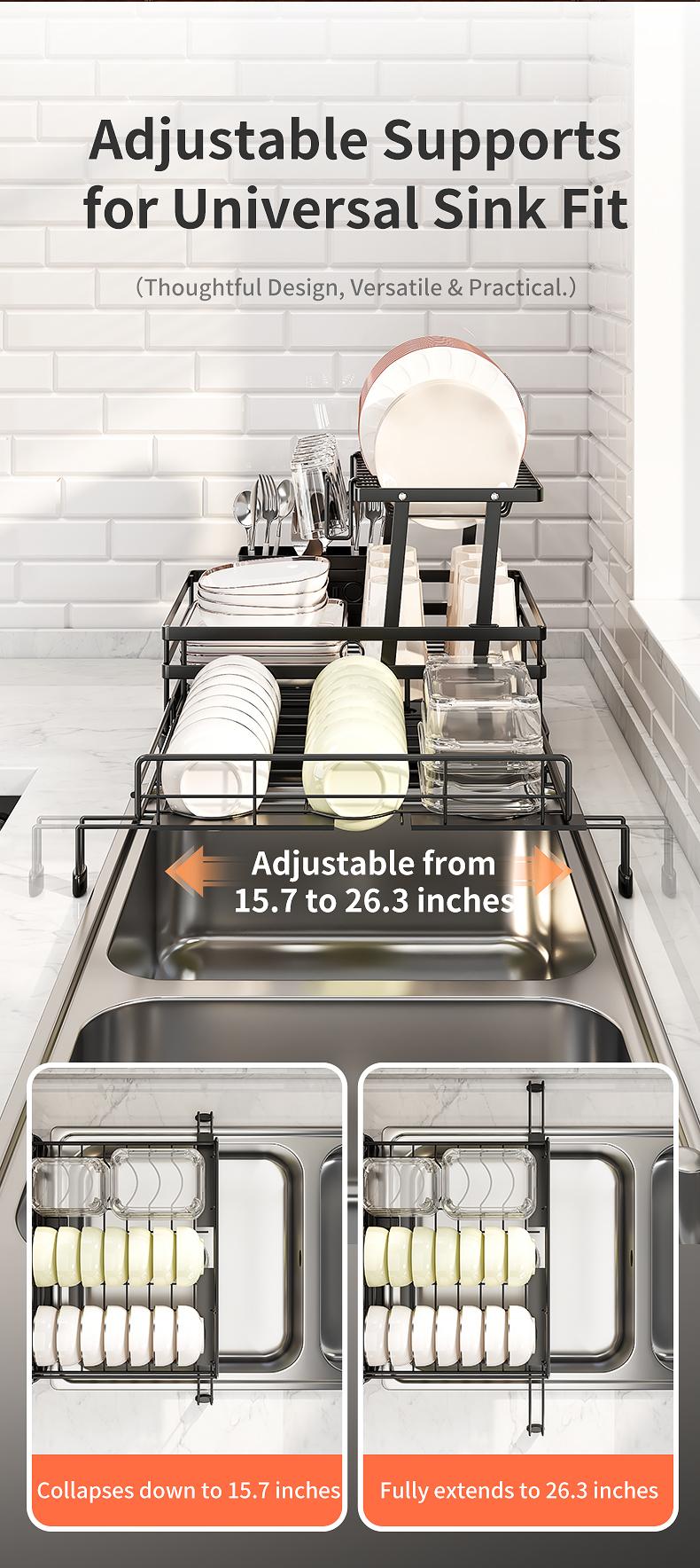 Foldable Above Sink Dish Drying Organizer｜Retractable Double-Tier Dish Rack with Cutlery Storage｜Compact Space-Saving Kitchen Rack for Mini Kitchens