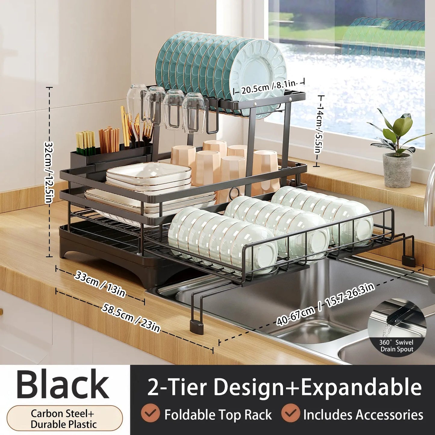 Foldable Above Sink Dish Drying Organizer｜Retractable Double-Tier Dish Rack with Cutlery Storage｜Compact Space-Saving Kitchen Rack for Mini Kitchens