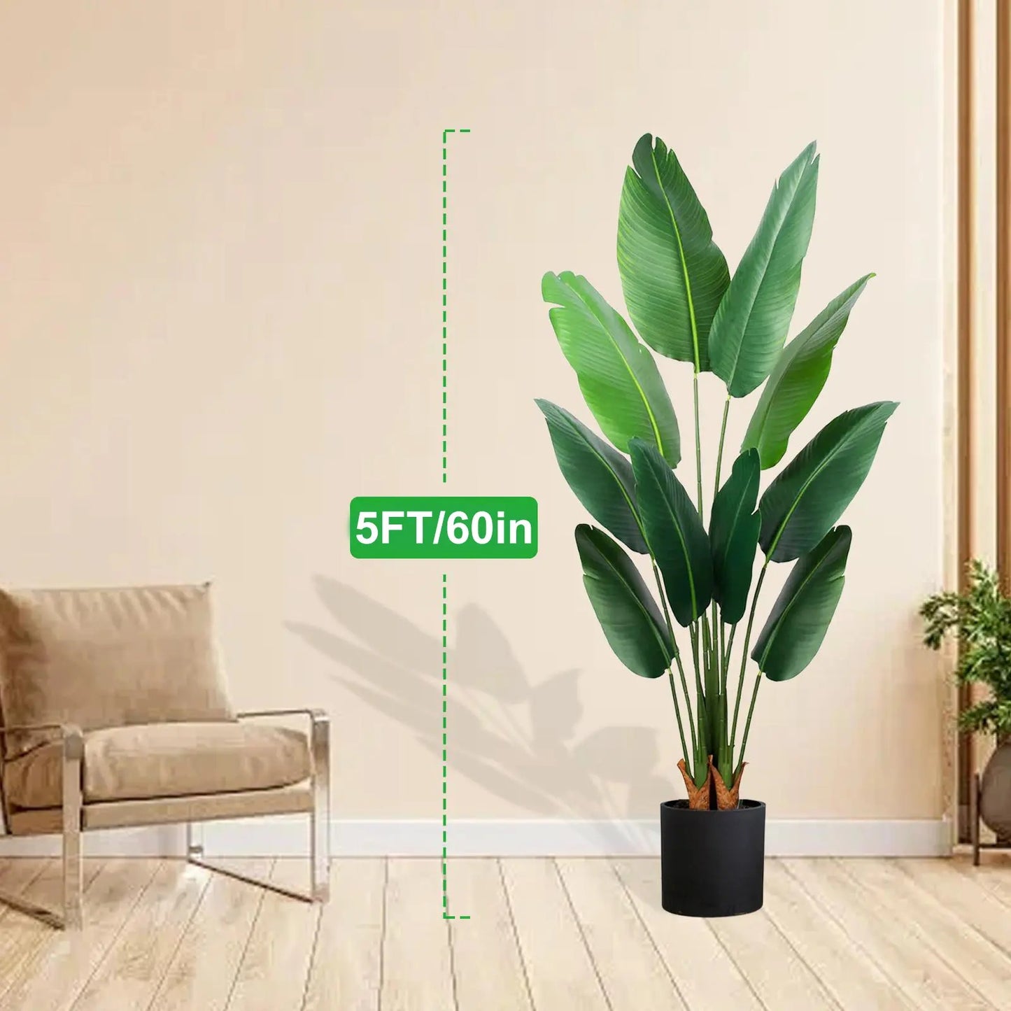 Megahit 60 Inches Artificial Bird of Paradise Tree, 5FT Faux Tropical Fake Banana Leaf Plant with Base Pot for Home Decoration Indoor Outdoor Living Room Office Patio (Excluding Decorative White Planter)