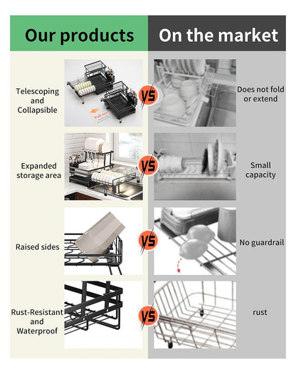 Foldable Above Sink Dish Drying Organizer｜Retractable Double-Tier Dish Rack with Cutlery Storage｜Compact Space-Saving Kitchen Rack for Mini Kitchens