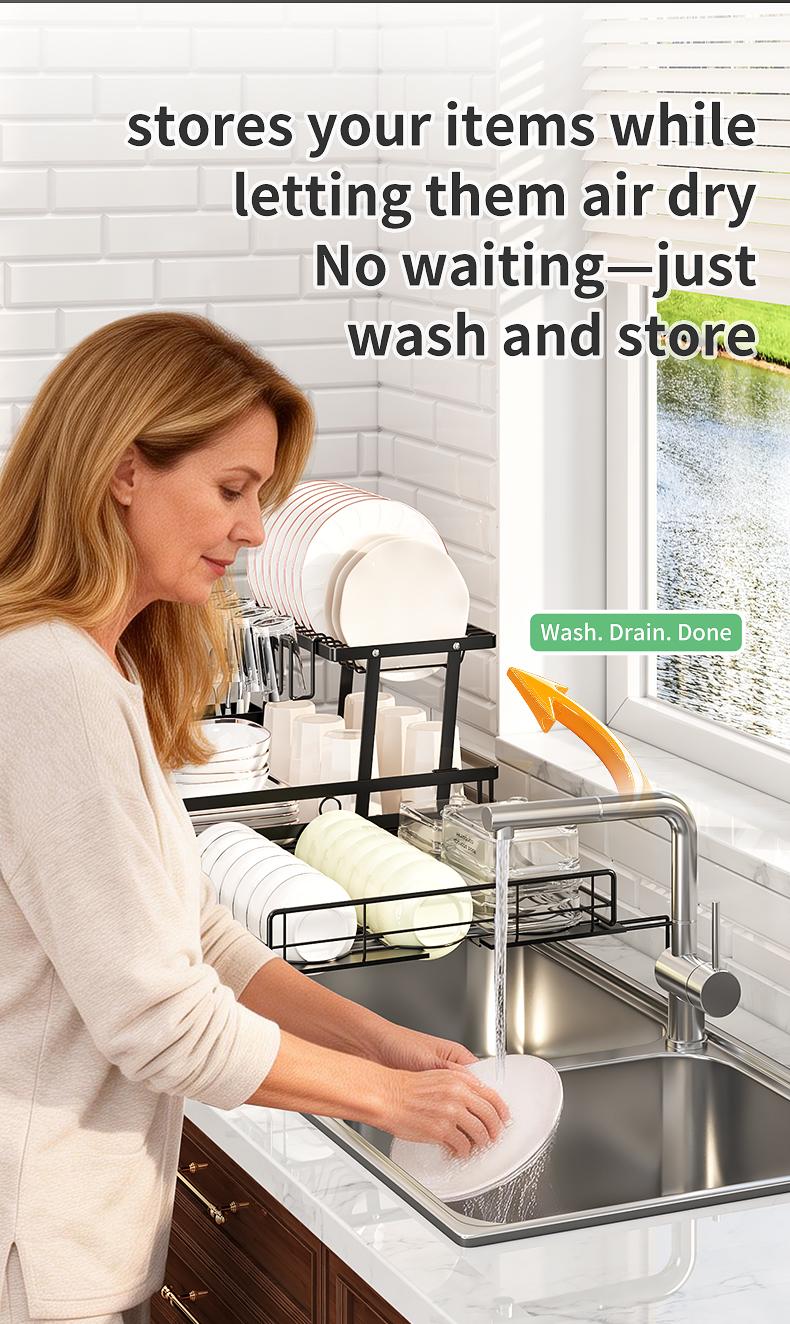 Foldable Above Sink Dish Drying Organizer｜Retractable Double-Tier Dish Rack with Cutlery Storage｜Compact Space-Saving Kitchen Rack for Mini Kitchens