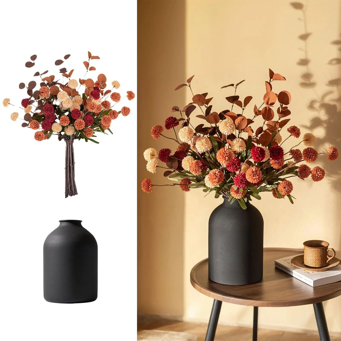 Artificial Floral Centerpieces in Vase: Vase with 10 Stems of Peonies Eucalyptus Fake Ball Flowers Decor for Dining Table Hallway Countertop
