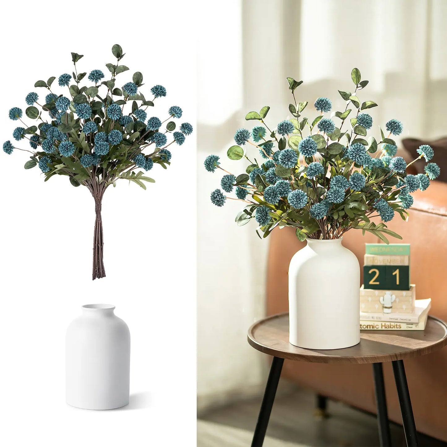 Artificial Floral Centerpieces in Vase: Vase with 10 Stems of Peonies Eucalyptus Fake Ball Flowers Decor for Dining Table Hallway Countertop