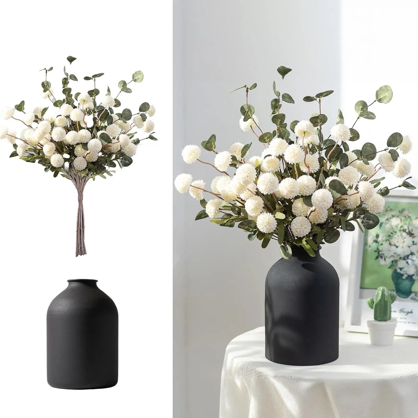 Artificial Floral Centerpieces in Vase: Vase with 10 Stems of Peonies Eucalyptus Fake Ball Flowers Decor for Dining Table Hallway Countertop