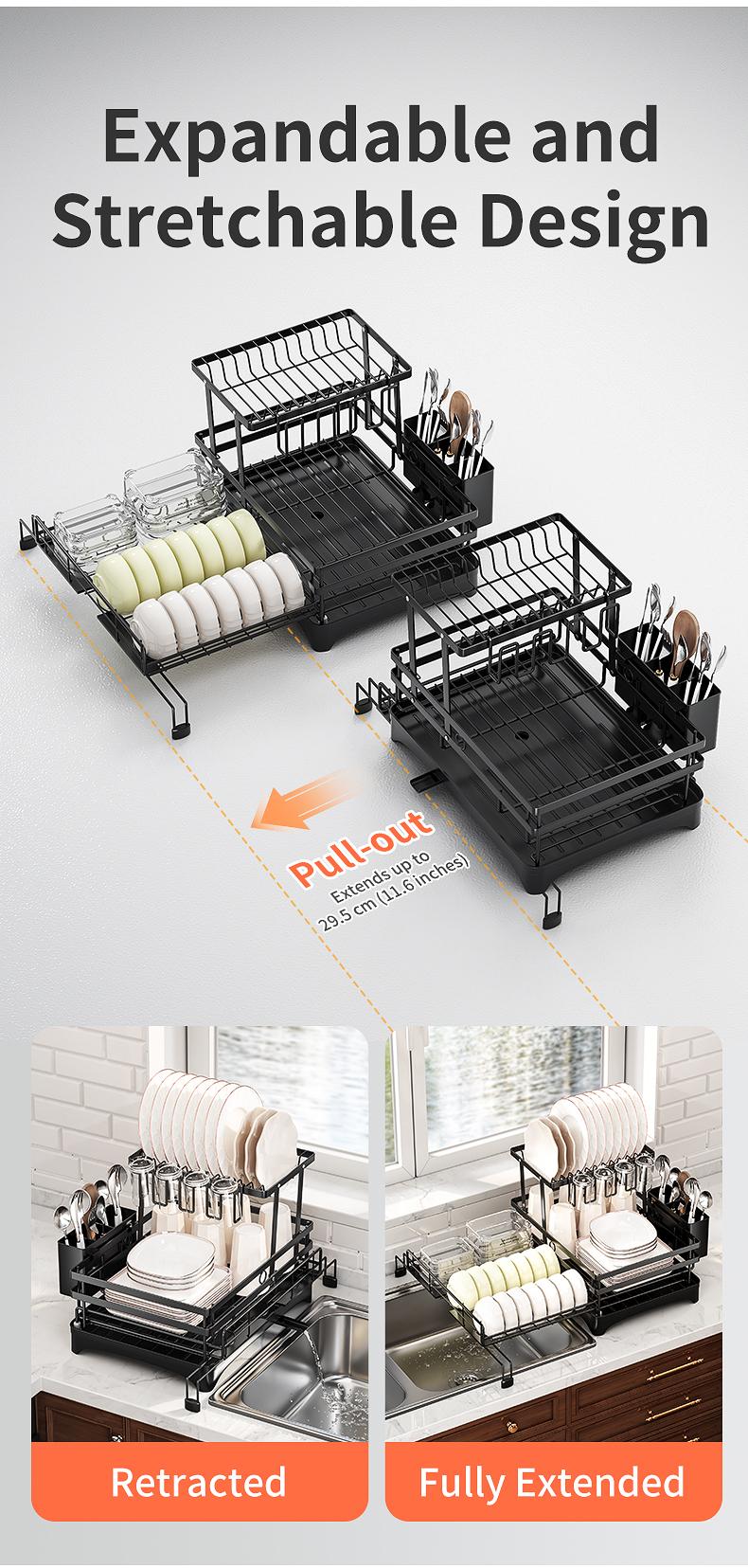 Foldable Above Sink Dish Drying Organizer｜Retractable Double-Tier Dish Rack with Cutlery Storage｜Compact Space-Saving Kitchen Rack for Mini Kitchens