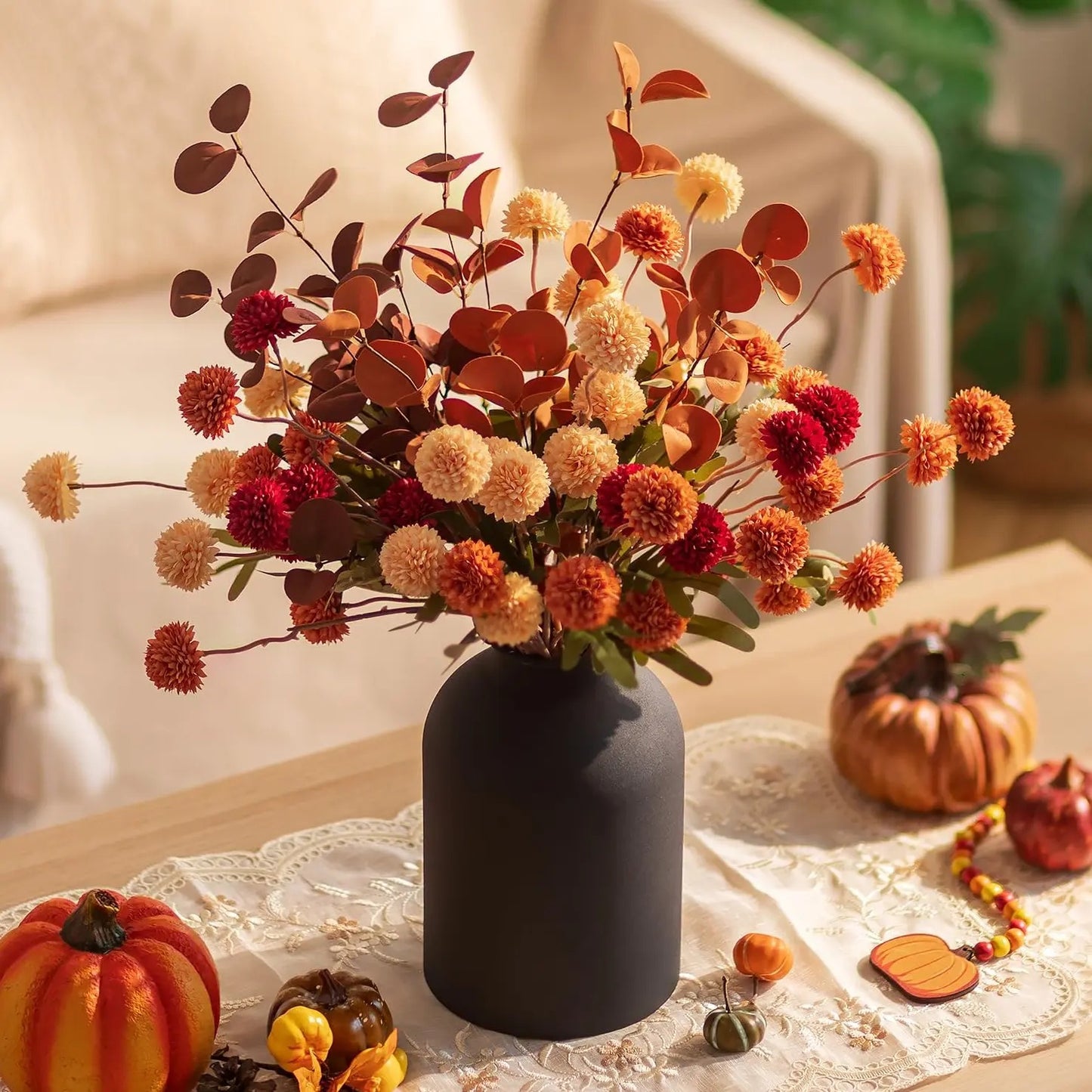Artificial Floral Centerpieces in Vase: Vase with 10 Stems of Peonies Eucalyptus Fake Ball Flowers Decor for Dining Table Hallway Countertop
