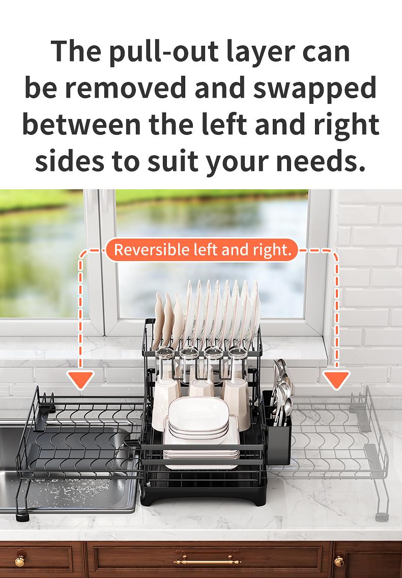 Foldable Above Sink Dish Drying Organizer｜Retractable Double-Tier Dish Rack with Cutlery Storage｜Compact Space-Saving Kitchen Rack for Mini Kitchens