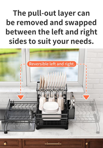 Foldable Above Sink Dish Drying Organizer｜Retractable Double-Tier Dish Rack with Cutlery Storage｜Compact Space-Saving Kitchen Rack for Mini Kitchens