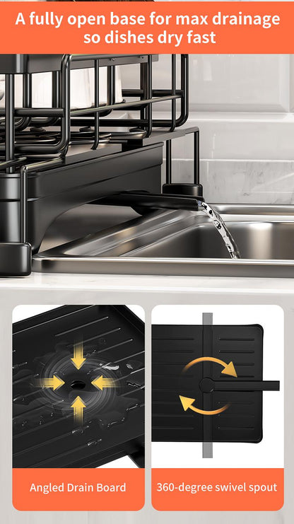 Foldable Above Sink Dish Drying Organizer｜Retractable Double-Tier Dish Rack with Cutlery Storage｜Compact Space-Saving Kitchen Rack for Mini Kitchens