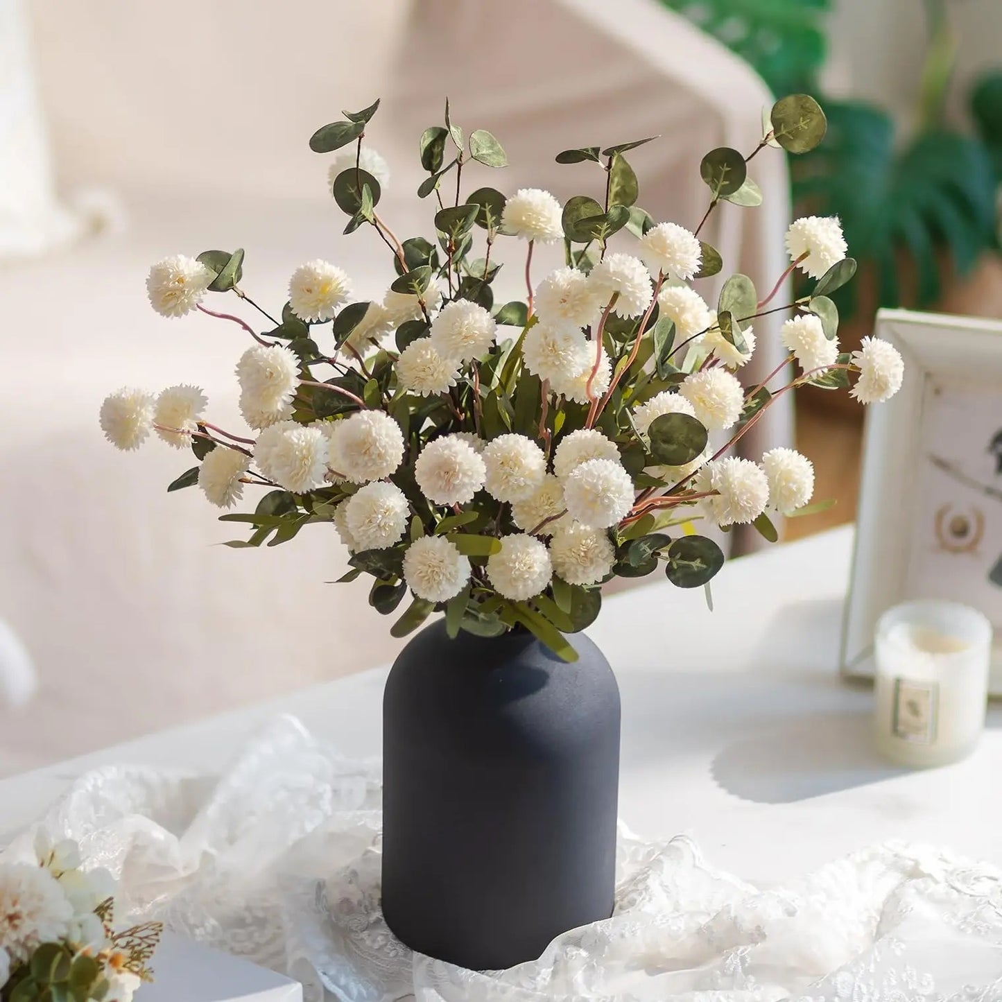 Artificial Floral Centerpieces in Vase: Vase with 10 Stems of Peonies Eucalyptus Fake Ball Flowers Decor for Dining Table Hallway Countertop